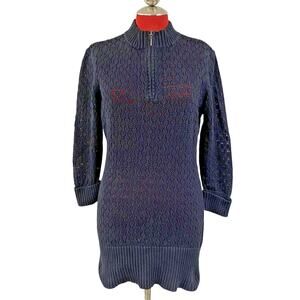 Adolfo Black M Lacy Knit Tunic Sweater Mini Dress Quarter Zip Ribbed Hem Cotton
